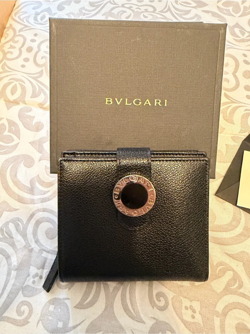 Bulgari Black Pebbled Leather Bifold Wallet with Snap
